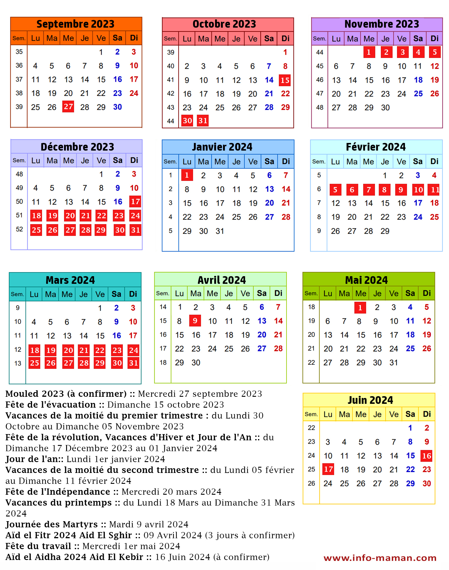 Calendrier 2024 vacances scolaires et jours fériés à imprimer