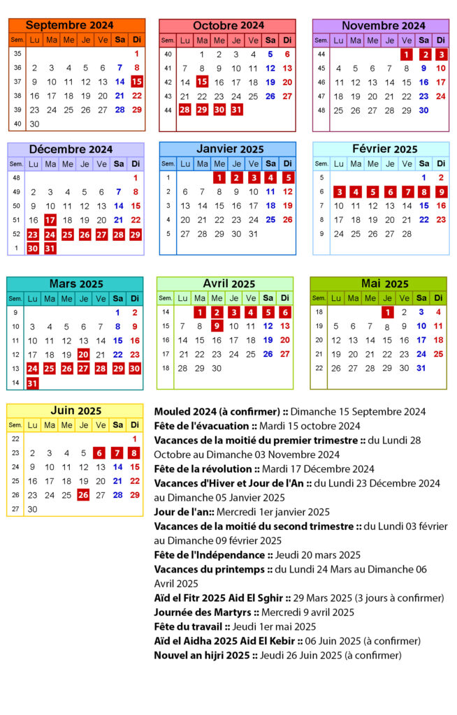 Calendrier des Vacances Scolaires et Jours fériés 2024 2025 en